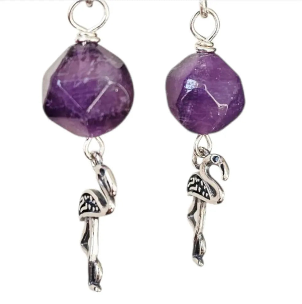 Amethyst Vintage Flamingo Earrings featuring elegant purple gemstone accents and charming flamingo designs. A stylish and feminine accessory perfect as a gift for her, combining vintage flair with a touch of whimsy. Ideal for birthdays, anniversaries, or special occasions.