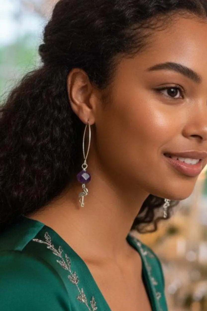 Amethyst Vintage Flamingo Earrings featuring elegant purple gemstone accents and charming flamingo designs. A stylish and feminine accessory perfect as a gift for her, combining vintage flair with a touch of whimsy. Ideal for birthdays, anniversaries, or special occasions.