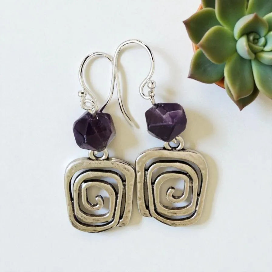 Amethyst Vintage Silver Spiral Earrings