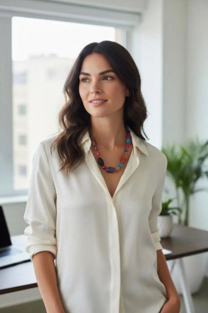 Chunky Multi-Color Agate Necklace handcrafted with vibrant natural agate stones in a bold statement design. This eye-catching jewelry piece combines colorful gemstones for a striking, boho-chic accessory perfect for casual wear, special occasions, or layering with other necklaces. Ideal as a thoughtful gift for women who love handmade statement jewelry, crystal healing properties, and artisan-crafted accessories that blend style, energy, and unique, colorful charm.