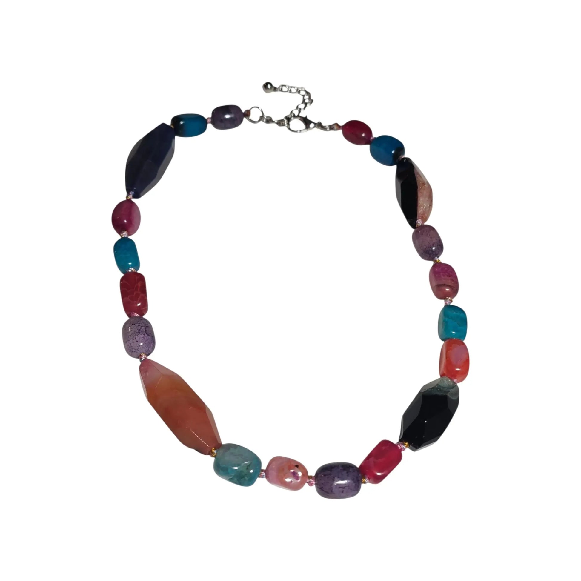 Chunky Multi-Color Agate Necklace handcrafted with vibrant natural agate stones in a bold statement design. This eye-catching jewelry piece combines colorful gemstones for a striking, boho-chic accessory perfect for casual wear, special occasions, or layering with other necklaces. Ideal as a thoughtful gift for women who love handmade statement jewelry, crystal healing properties, and artisan-crafted accessories that blend style, energy, and unique, colorful charm.