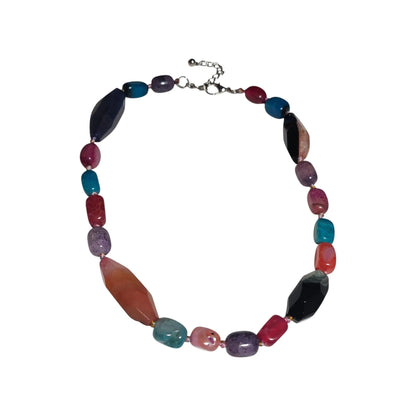 Chunky Multi-Color Agate Necklace handcrafted with vibrant natural agate stones in a bold statement design. This eye-catching jewelry piece combines colorful gemstones for a striking, boho-chic accessory perfect for casual wear, special occasions, or layering with other necklaces. Ideal as a thoughtful gift for women who love handmade statement jewelry, crystal healing properties, and artisan-crafted accessories that blend style, energy, and unique, colorful charm.