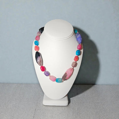 Chunky Multi-Color Agate Necklace handcrafted with vibrant natural agate stones in a bold statement design. This eye-catching jewelry piece combines colorful gemstones for a striking, boho-chic accessory perfect for casual wear, special occasions, or layering with other necklaces. Ideal as a thoughtful gift for women who love handmade statement jewelry, crystal healing properties, and artisan-crafted accessories that blend style, energy, and unique, colorful charm.