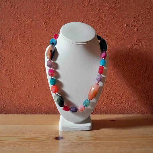Chunky Multi-Color Agate Necklace handcrafted with vibrant natural agate stones in a bold statement design. This eye-catching jewelry piece combines colorful gemstones for a striking, boho-chic accessory perfect for casual wear, special occasions, or layering with other necklaces. Ideal as a thoughtful gift for women who love handmade statement jewelry, crystal healing properties, and artisan-crafted accessories that blend style, energy, and unique, colorful charm.
