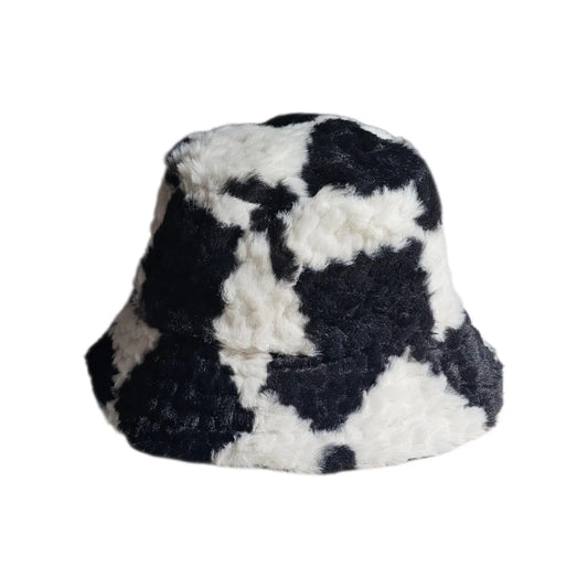 Checkered Faux Fur Bucket  Hat