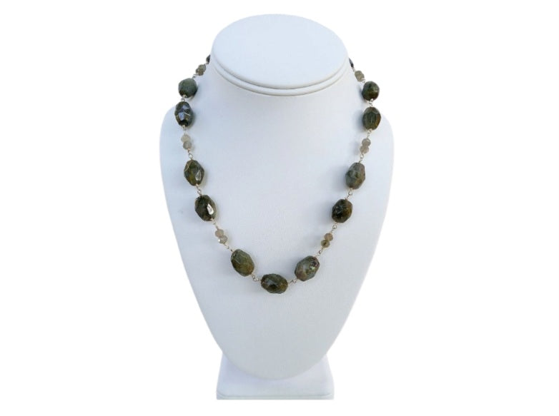 Labradorite Gray Necklace featuring shimmering natural stones in a long beaded design that can be worn as a statement necklace or layered choker. This handmade gemstone necklace showcases labradorite's unique flash and neutral gray tones, perfect for versatile, everyday fashion. A stylish accessory for women who love elegant, earthy jewelry. Ideal gift for her on birthdays, holidays, or special occasions—timeless, handcrafted, and full of natural beauty.