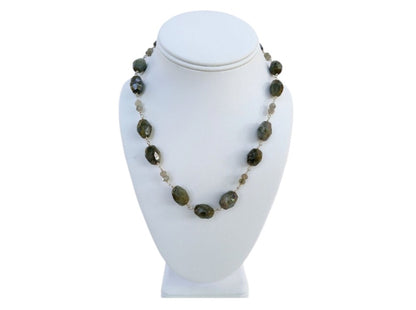 Labradorite Gray Necklace featuring shimmering natural stones in a long beaded design that can be worn as a statement necklace or layered choker. This handmade gemstone necklace showcases labradorite's unique flash and neutral gray tones, perfect for versatile, everyday fashion. A stylish accessory for women who love elegant, earthy jewelry. Ideal gift for her on birthdays, holidays, or special occasions—timeless, handcrafted, and full of natural beauty.