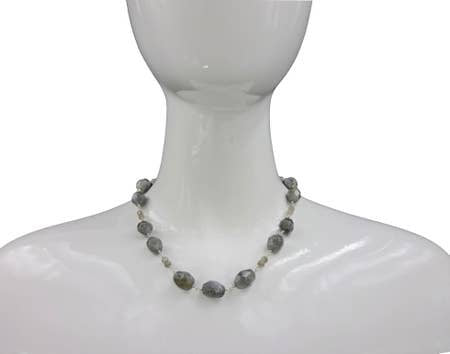Labradorite Gray Necklace featuring shimmering natural stones in a long beaded design that can be worn as a statement necklace or layered choker. This handmade gemstone necklace showcases labradorite's unique flash and neutral gray tones, perfect for versatile, everyday fashion. A stylish accessory for women who love elegant, earthy jewelry. Ideal gift for her on birthdays, holidays, or special occasions—timeless, handcrafted, and full of natural beauty.
