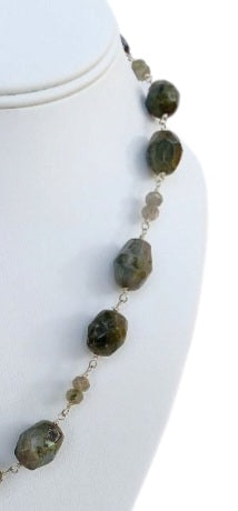 Labradorite Gray Necklace featuring shimmering natural stones in a long beaded design that can be worn as a statement necklace or layered choker. This handmade gemstone necklace showcases labradorite's unique flash and neutral gray tones, perfect for versatile, everyday fashion. A stylish accessory for women who love elegant, earthy jewelry. Ideal gift for her on birthdays, holidays, or special occasions—timeless, handcrafted, and full of natural beauty.