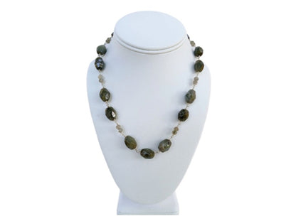 Labradorite Gray Necklace featuring shimmering natural stones in a long beaded design that can be worn as a statement necklace or layered choker. This handmade gemstone necklace showcases labradorite's unique flash and neutral gray tones, perfect for versatile, everyday fashion. A stylish accessory for women who love elegant, earthy jewelry. Ideal gift for her on birthdays, holidays, or special occasions—timeless, handcrafted, and full of natural beauty.