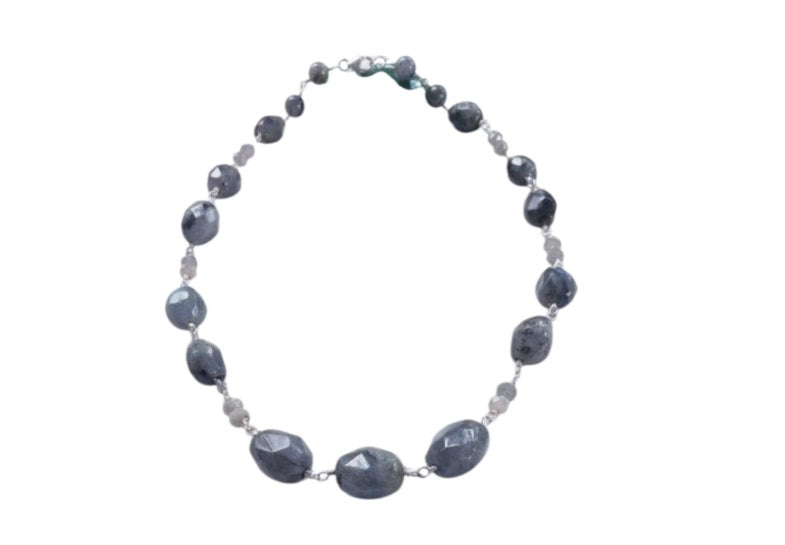Labradorite Gray Necklace featuring shimmering natural stones in a long beaded design that can be worn as a statement necklace or layered choker. This handmade gemstone necklace showcases labradorite's unique flash and neutral gray tones, perfect for versatile, everyday fashion. A stylish accessory for women who love elegant, earthy jewelry. Ideal gift for her on birthdays, holidays, or special occasions—timeless, handcrafted, and full of natural beauty.