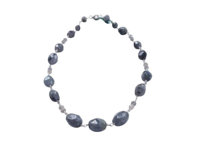 Labradorite Gray Necklace featuring shimmering natural stones in a long beaded design that can be worn as a statement necklace or layered choker. This handmade gemstone necklace showcases labradorite's unique flash and neutral gray tones, perfect for versatile, everyday fashion. A stylish accessory for women who love elegant, earthy jewelry. Ideal gift for her on birthdays, holidays, or special occasions—timeless, handcrafted, and full of natural beauty.