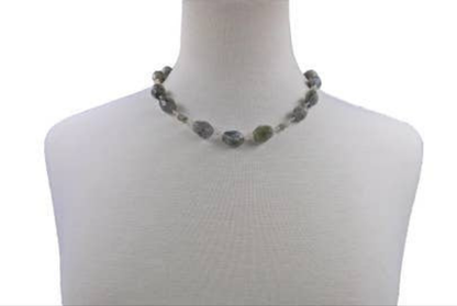 Labradorite Gray Necklace featuring shimmering natural stones in a long beaded design that can be worn as a statement necklace or layered choker. This handmade gemstone necklace showcases labradorite's unique flash and neutral gray tones, perfect for versatile, everyday fashion. A stylish accessory for women who love elegant, earthy jewelry. Ideal gift for her on birthdays, holidays, or special occasions—timeless, handcrafted, and full of natural beauty.