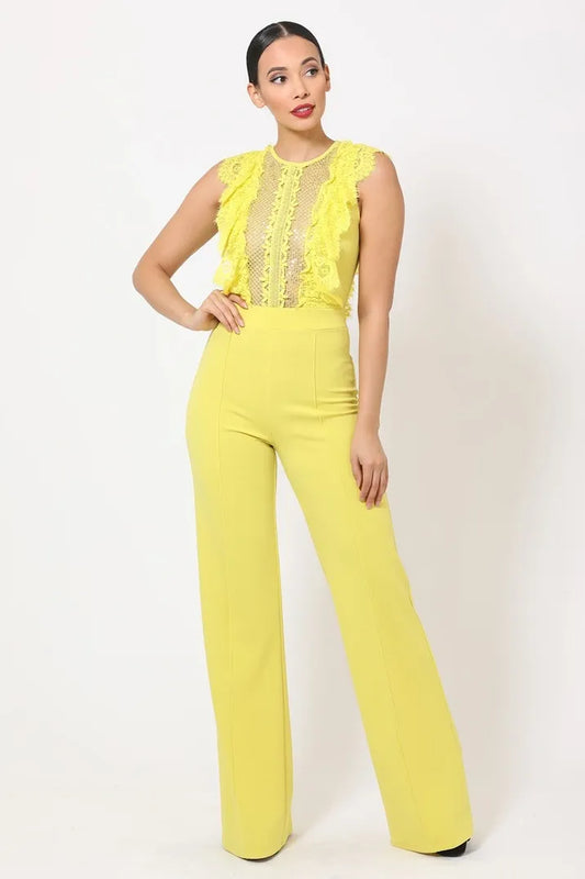 Lemon sheer mesh sleeveless jumpsuit for women featuring delicate lace details and a sparkling sequin neckline. Designed with a flattering flared leg and a convenient back zipper, this elegant party outfit combines sophistication and style. The breathable mesh fabric offers comfort while the intricate lace and sequins add a glamorous touch, making it perfect for formal events, evening parties, or special occasions.