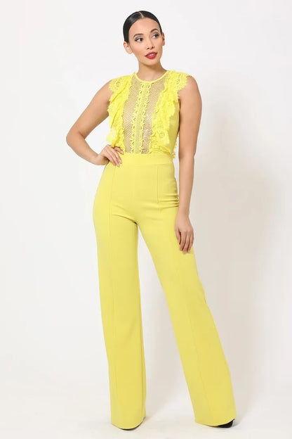 Lemon sheer mesh sleeveless jumpsuit for women featuring delicate lace details and a sparkling sequin neckline. Designed with a flattering flared leg and a convenient back zipper, this elegant party outfit combines sophistication and style. The breathable mesh fabric offers comfort while the intricate lace and sequins add a glamorous touch, making it perfect for formal events, evening parties, or special occasions.