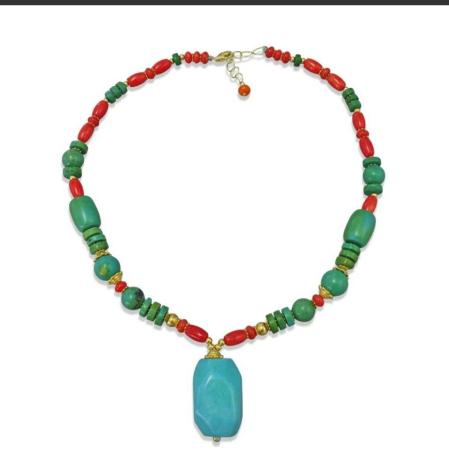 Handmade chunky Southwest style necklace featuring vibrant magnesite, turquoise, coral, and azurite stones. This bold statement jewelry piece combines natural gemstones with boho flair, perfect for women who love eye-catching accessories. Ideal as a unique gift for her, the necklace highlights colorful, handcrafted craftsmanship that complements casual and festive outfits with a striking, earthy vibe.