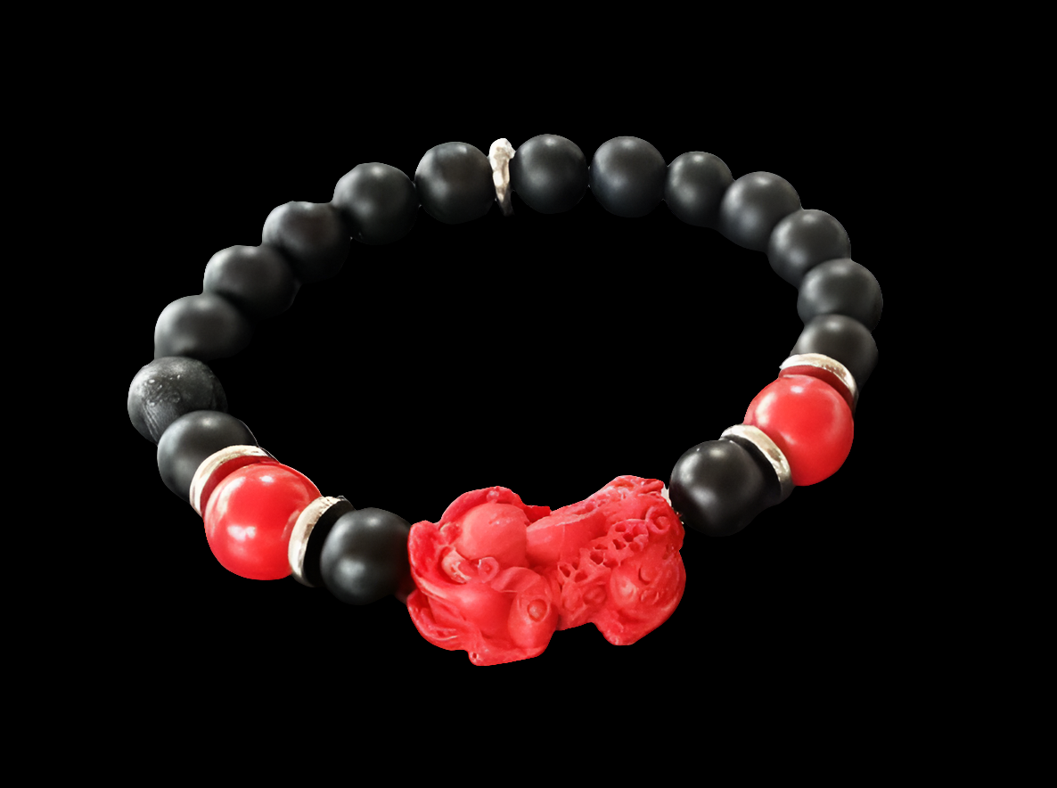 Pixiu Bracelet for men featuring red cinnabar and black onyx beads, designed as a powerful Feng Shui jewelry piece to attract abundance, wealth, and good luck. Inspired by the dragon zodiac, this handmade bracelet symbolizes protection and prosperity. Perfect as a meaningful gift for him, it combines spiritual energy with stylish craftsmanship. Ideal for daily wear or special occasions, enhancing confidence and positive vibes.