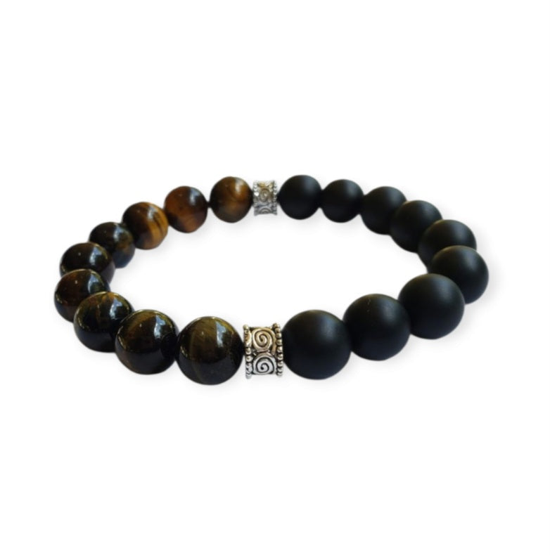 Men’s Tiger’s Eye & Onyx Bracelet – Sterling Silver Accents