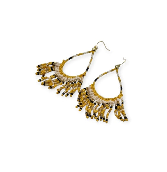 Turquoise Yellow Cream Beaded Earrings featuring teardrop-shaped fringe design with vibrant multi-colored beads. These handmade statement earrings blend southwest-inspired style with boho flair, perfect for women who love bold, artisanal jewelry. Lightweight and eye-catching, they add a pop of color and texture to any outfit. Ideal as a thoughtful gift, these unique earrings celebrate craftsmanship and cultural design, making them perfect for festivals, casual wear, or special occasions.