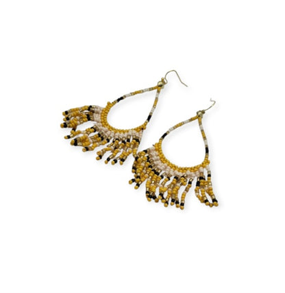 Turquoise Yellow Cream Beaded Earrings featuring teardrop-shaped fringe design with vibrant multi-colored beads. These handmade statement earrings blend southwest-inspired style with boho flair, perfect for women who love bold, artisanal jewelry. Lightweight and eye-catching, they add a pop of color and texture to any outfit. Ideal as a thoughtful gift, these unique earrings celebrate craftsmanship and cultural design, making them perfect for festivals, casual wear, or special occasions.