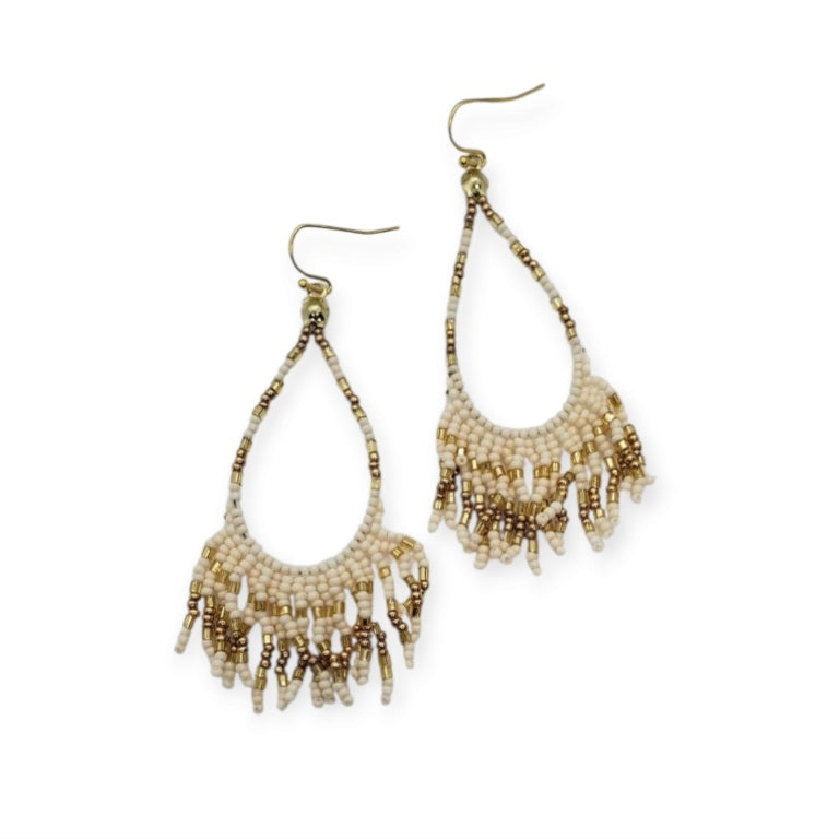 Turquoise Yellow Cream Beaded Earrings featuring teardrop-shaped fringe design with vibrant multi-colored beads. These handmade statement earrings blend southwest-inspired style with boho flair, perfect for women who love bold, artisanal jewelry. Lightweight and eye-catching, they add a pop of color and texture to any outfit. Ideal as a thoughtful gift, these unique earrings celebrate craftsmanship and cultural design, making them perfect for festivals, casual wear, or special occasions.