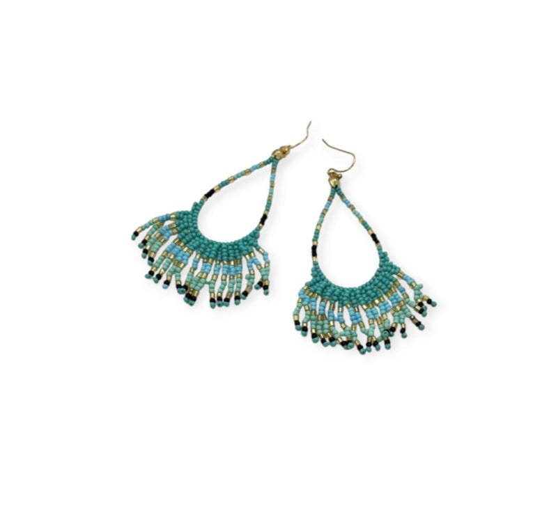 Turquoise Yellow Cream Beaded Earrings featuring teardrop-shaped fringe design with vibrant multi-colored beads. These handmade statement earrings blend southwest-inspired style with boho flair, perfect for women who love bold, artisanal jewelry. Lightweight and eye-catching, they add a pop of color and texture to any outfit. Ideal as a thoughtful gift, these unique earrings celebrate craftsmanship and cultural design, making them perfect for festivals, casual wear, or special occasions.