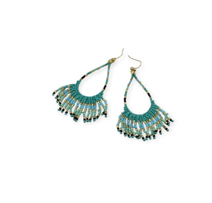 Turquoise Yellow Cream Beaded Earrings featuring teardrop-shaped fringe design with vibrant multi-colored beads. These handmade statement earrings blend southwest-inspired style with boho flair, perfect for women who love bold, artisanal jewelry. Lightweight and eye-catching, they add a pop of color and texture to any outfit. Ideal as a thoughtful gift, these unique earrings celebrate craftsmanship and cultural design, making them perfect for festivals, casual wear, or special occasions.