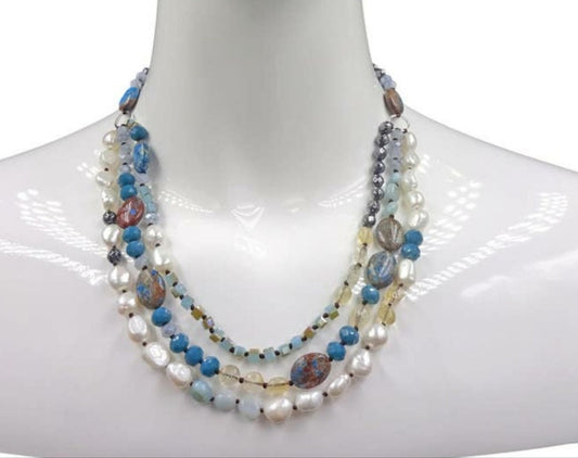 Hand-knotted multi-gemstone necklace for women featuring Jasper, Hematite, and freshwater Pearls in a stunning 3-strand beaded design. This handmade healing crystal jewelry combines earthy tones with elegant shimmer, promoting balance and strength. A thoughtful gift for her, perfect for birthdays, anniversaries, or any special occasion. Unique, artisanal, and full of natural beauty, this necklace adds charm to any outfit.