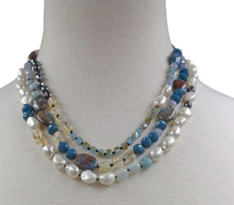 Hand-knotted multi-gemstone necklace for women featuring Jasper, Hematite, and freshwater Pearls in a stunning 3-strand beaded design. This handmade healing crystal jewelry combines earthy tones with elegant shimmer, promoting balance and strength. A thoughtful gift for her, perfect for birthdays, anniversaries, or any special occasion. Unique, artisanal, and full of natural beauty, this necklace adds charm to any outfit.