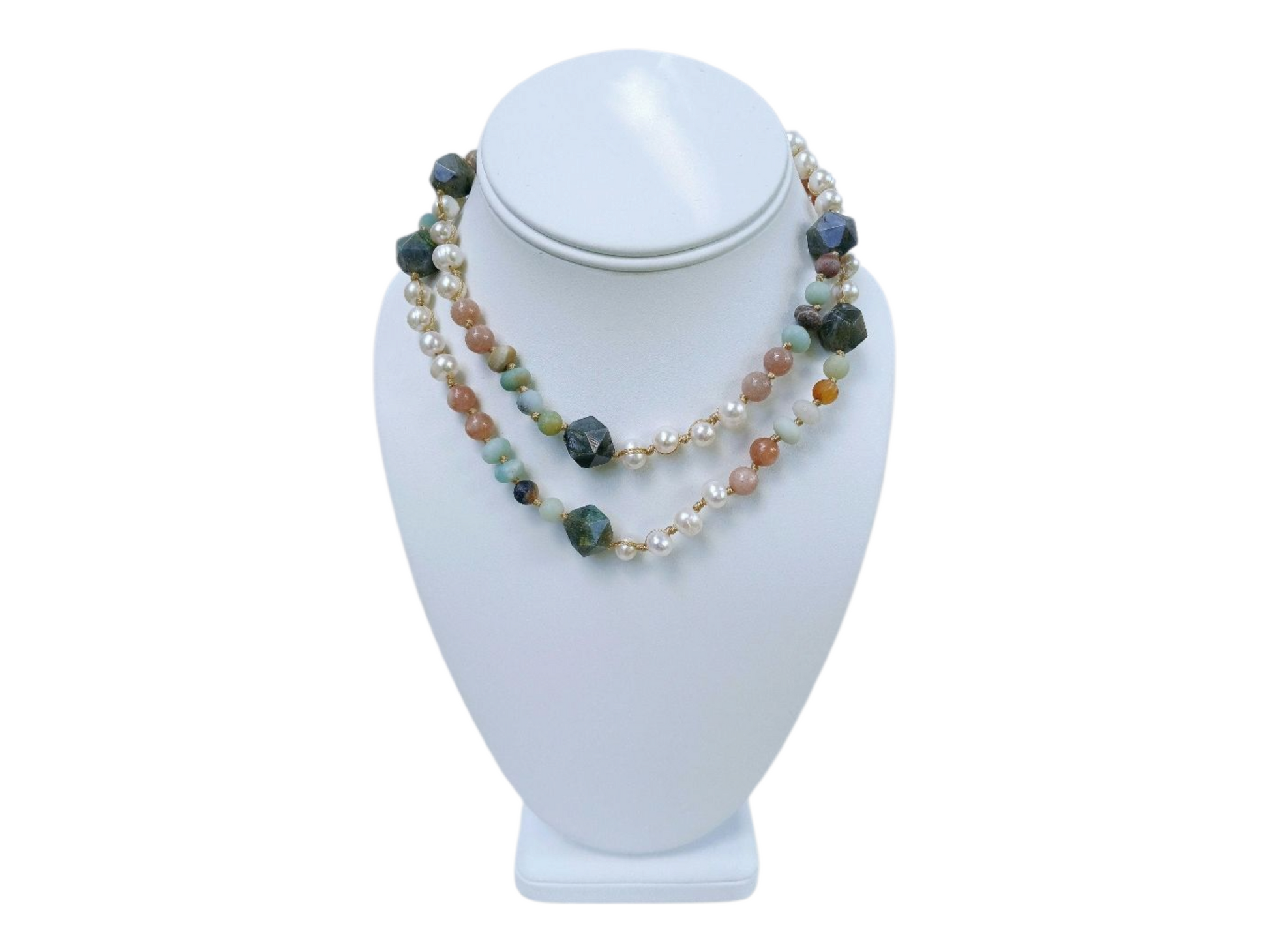Multi-stone Necklace featuring Labradorite, Amazonite, Moonstone, and Freshwater Pearls handcrafted into a boho-style choker for women. This unique handmade jewelry piece blends natural gemstones known for healing and protection, combined with elegant pearls for a delicate yet bold statement. Perfect as a thoughtful Mother’s Day gift for her, this versatile necklace adds spiritual energy and artisanal charm to any outfit, ideal for everyday wear or special occasions.