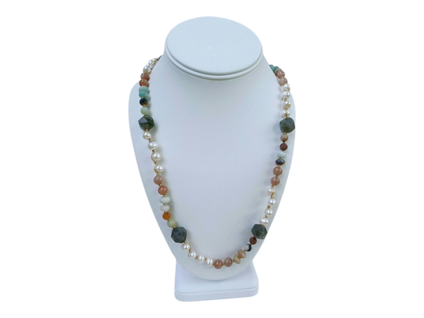 Multi-stone Necklace featuring Labradorite, Amazonite, Moonstone, and Freshwater Pearls handcrafted into a boho-style choker for women. This unique handmade jewelry piece blends natural gemstones known for healing and protection, combined with elegant pearls for a delicate yet bold statement. Perfect as a thoughtful Mother’s Day gift for her, this versatile necklace adds spiritual energy and artisanal charm to any outfit, ideal for everyday wear or special occasions.