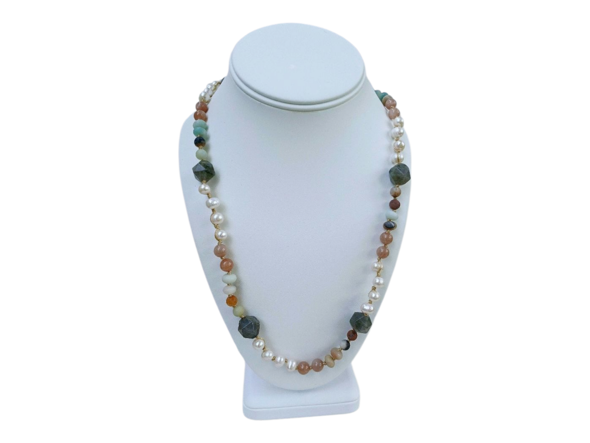 Multi-stone Necklace featuring Labradorite, Amazonite, Moonstone, and Freshwater Pearls handcrafted into a boho-style choker for women. This unique handmade jewelry piece blends natural gemstones known for healing and protection, combined with elegant pearls for a delicate yet bold statement. Perfect as a thoughtful Mother’s Day gift for her, this versatile necklace adds spiritual energy and artisanal charm to any outfit, ideal for everyday wear or special occasions.