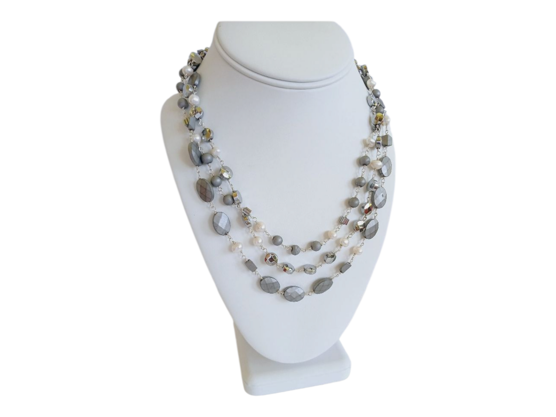 Natural Hematite and Pearl Beaded Necklace featuring a sparkly silver-tone design handcrafted for women who love elegant, unique jewelry. This eye-catching necklace combines the reflective shimmer of hematite with the soft luster of pearls, creating a sophisticated accessory perfect for both casual and formal wear. A thoughtful handmade gift for her, it blends natural beauty with artisanal style, making it a versatile statement piece for any jewelry collection.
