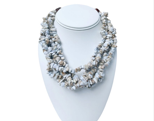 Turquoise Chip Multi Strand Necklace featuring bold pastel blue and gray tones with chunky natural stones. This handcrafted statement necklace includes turquoise and lapis lazuli chips for a layered, textured design. Perfect gift for her, this boho-inspired women’s jewelry piece adds a vibrant pop of color to any outfit. Ideal for birthdays, holidays, or special occasions, it’s a unique accessory for lovers of bold, artisan gemstone necklaces.