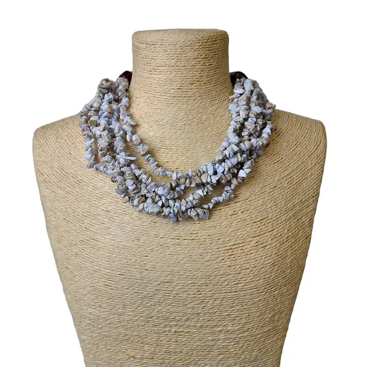 Turquoise Chip Multi Strand Necklace featuring bold pastel blue and gray tones with chunky natural stones. This handcrafted statement necklace includes turquoise and lapis lazuli chips for a layered, textured design. Perfect gift for her, this boho-inspired women’s jewelry piece adds a vibrant pop of color to any outfit. Ideal for birthdays, holidays, or special occasions, it’s a unique accessory for lovers of bold, artisan gemstone necklaces.
