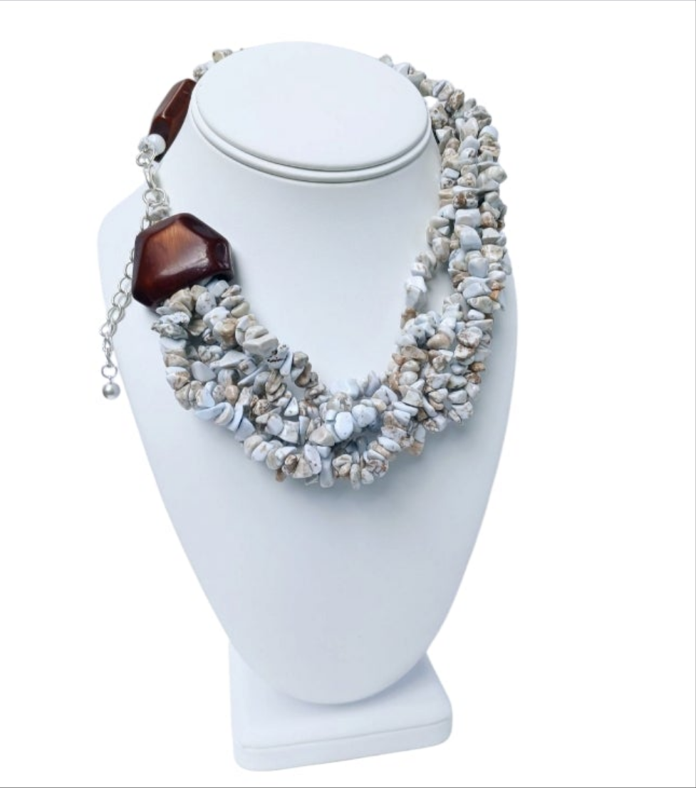 Turquoise Chip Multi Strand Necklace featuring bold pastel blue and gray tones with chunky natural stones. This handcrafted statement necklace includes turquoise and lapis lazuli chips for a layered, textured design. Perfect gift for her, this boho-inspired women’s jewelry piece adds a vibrant pop of color to any outfit. Ideal for birthdays, holidays, or special occasions, it’s a unique accessory for lovers of bold, artisan gemstone necklaces.