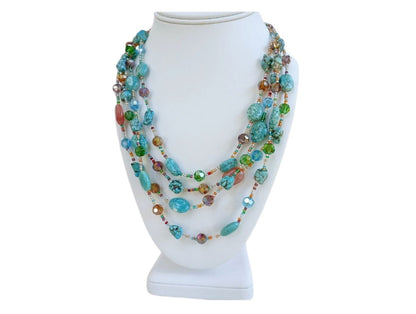 Turquoise, Magnesite, and Cherry Quartz Chunky Beaded Statement Necklace handcrafted for women who love bold, colorful jewelry. This handmade necklace features vibrant blue turquoise and magnesite beads combined with striking cherry quartz accents, creating a unique boho-style accessory. Perfect as a gift for her, it adds a pop of color and natural beauty to any outfit. Lightweight yet eye-catching, ideal for everyday wear or special occasions.