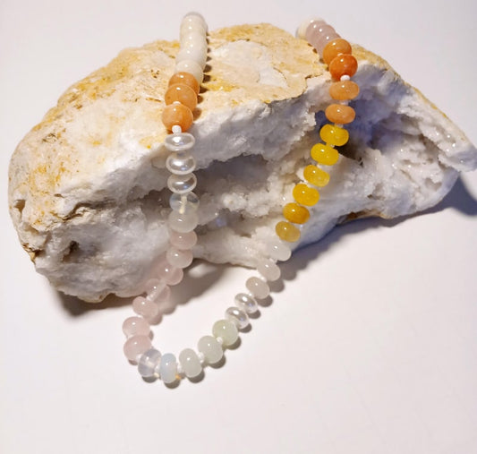 Multicolor Natural Agate and Glass Necklace featuring vibrant gemstone beads in a handcrafted design for women. This bold statement necklace blends colorful agate stones with shimmering glass elements, creating a unique and artistic accessory. Perfect as a thoughtful gift for her, it adds personality and energy to any outfit. Lightweight and stylish, this handmade beaded jewelry piece offers both natural beauty and boho-chic charm for everyday wear or special occasions.