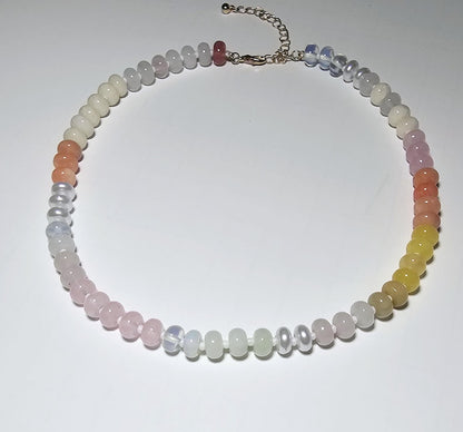 Multicolor Natural Agate and Glass Necklace featuring vibrant gemstone beads in a handcrafted design for women. This bold statement necklace blends colorful agate stones with shimmering glass elements, creating a unique and artistic accessory. Perfect as a thoughtful gift for her, it adds personality and energy to any outfit. Lightweight and stylish, this handmade beaded jewelry piece offers both natural beauty and boho-chic charm for everyday wear or special occasions.