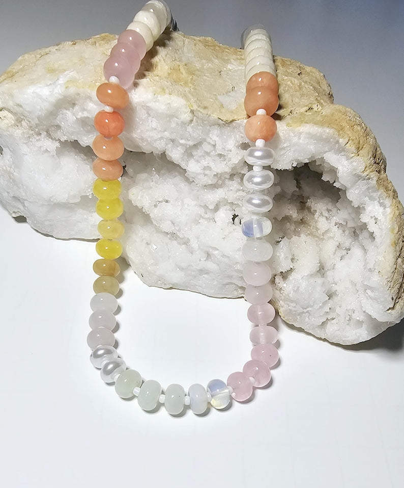 Multicolor Natural Agate and Glass Necklace featuring vibrant gemstone beads in a handcrafted design for women. This bold statement necklace blends colorful agate stones with shimmering glass elements, creating a unique and artistic accessory. Perfect as a thoughtful gift for her, it adds personality and energy to any outfit. Lightweight and stylish, this handmade beaded jewelry piece offers both natural beauty and boho-chic charm for everyday wear or special occasions.