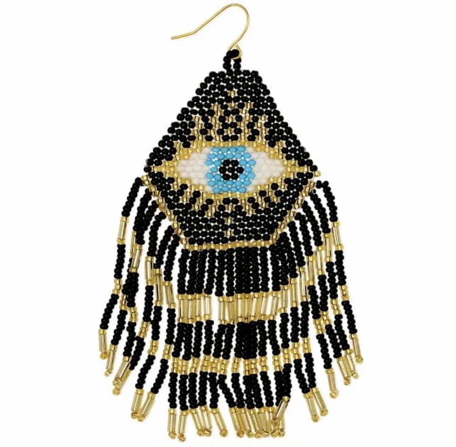 Mystical Eye Seed Bead Fringe Earrings featuring intricate handmade tribal designs with colorful seed bead fringes. These unique boho statement earrings offer bold dangles that capture attention with their vibrant colors and artistic craftsmanship. Perfect for women who love expressive, culturally inspired jewelry, they make an ideal gift for festivals, special occasions, or everyday wear. Lightweight and eye-catching, these earrings add a free-spirited, mystical touch to any outfit.