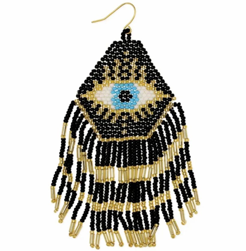 Mystical Eye Seed Bead Fringe Earrings featuring intricate handmade tribal designs with colorful seed bead fringes. These unique boho statement earrings offer bold dangles that capture attention with their vibrant colors and artistic craftsmanship. Perfect for women who love expressive, culturally inspired jewelry, they make an ideal gift for festivals, special occasions, or everyday wear. Lightweight and eye-catching, these earrings add a free-spirited, mystical touch to any outfit.