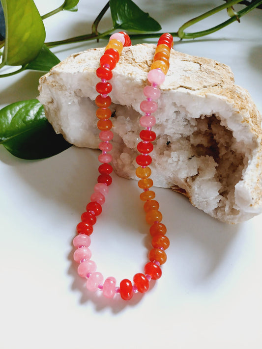 Natural Agate Beaded Necklace, handcrafted with vibrant crystal beads, designed as healing stone jewelry for women who love boho style accessories. This handmade gemstone necklace promotes balance and positive energy while adding a colorful, earthy touch to any outfit. Perfect as a meaningful gift for her, this versatile necklace blends artisanal craftsmanship with natural beauty, ideal for everyday wear, spiritual healing, or special occasions.