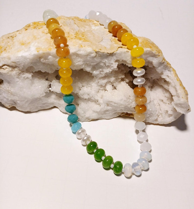 Natural Agate and Glass Beaded Necklace featuring a vibrant multicolor design, handcrafted for women who love bold and unique statement jewelry. This one-of-a-kind crystal necklace blends natural agate stones with colorful glass beads, offering artistic flair and healing energy. Lightweight and eye-catching, it makes a perfect gift for her, ideal for special occasions or everyday wear. A stunning example of handmade craftsmanship and boho-chic crystal jewelry.
