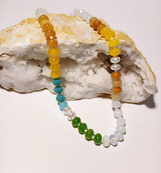 Natural Agate and Glass Beaded Necklace featuring a vibrant multicolor design, handcrafted for women who love bold and unique statement jewelry. This one-of-a-kind crystal necklace blends natural agate stones with colorful glass beads, offering artistic flair and healing energy. Lightweight and eye-catching, it makes a perfect gift for her, ideal for special occasions or everyday wear. A stunning example of handmade craftsmanship and boho-chic crystal jewelry.