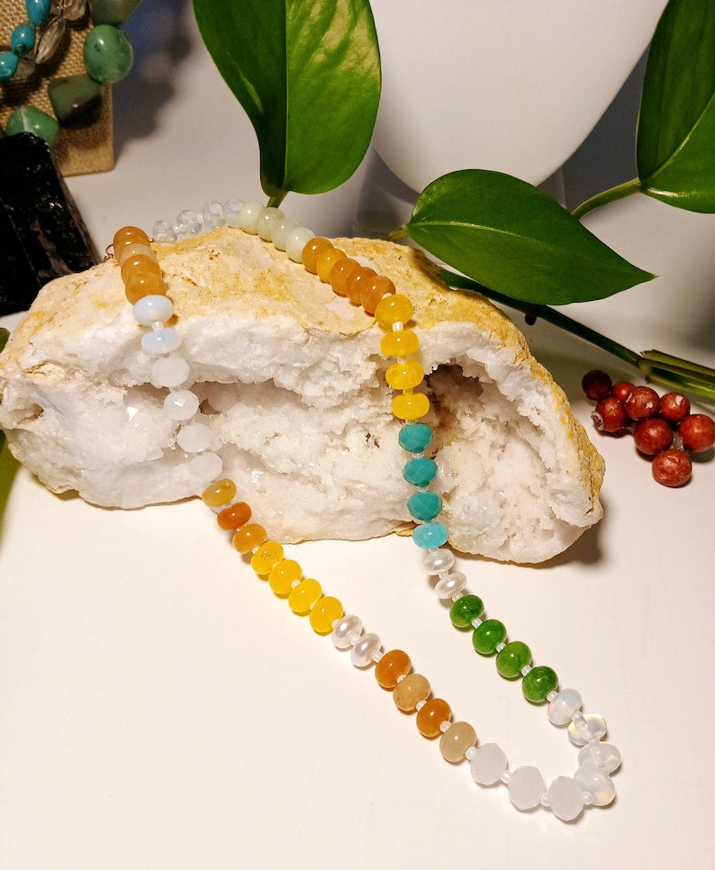 Natural Agate and Glass Beaded Necklace featuring a vibrant multicolor design, handcrafted for women who love bold and unique statement jewelry. This one-of-a-kind crystal necklace blends natural agate stones with colorful glass beads, offering artistic flair and healing energy. Lightweight and eye-catching, it makes a perfect gift for her, ideal for special occasions or everyday wear. A stunning example of handmade craftsmanship and boho-chic crystal jewelry.