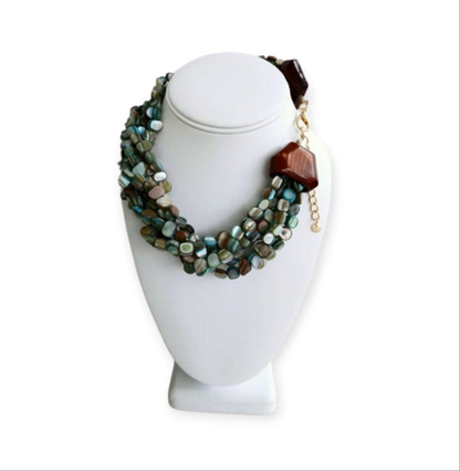 Neutral Chip Multi-Strand Abalone Shell and Pearl Necklace featuring chunky, bold beads handcrafted into a layered statement piece for women. This boho-style necklace combines the iridescent beauty of abalone shells with elegant pearls, creating a unique accessory perfect for adding natural charm and sophistication to any outfit. Lightweight and versatile, it makes a thoughtful handmade gift for her, ideal for everyday wear or special occasions with artisanal craftsmanship.