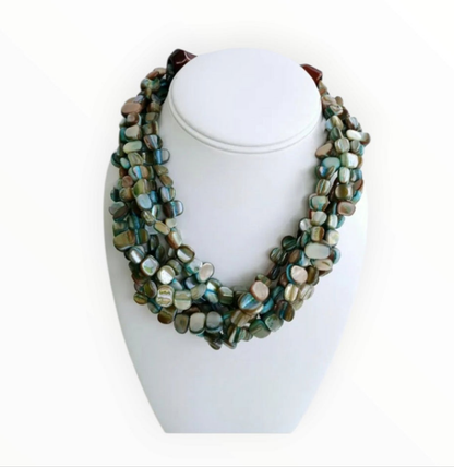 Neutral Chip Multi-Strand Abalone Shell and Pearl Necklace featuring chunky, bold beads handcrafted into a layered statement piece for women. This boho-style necklace combines the iridescent beauty of abalone shells with elegant pearls, creating a unique accessory perfect for adding natural charm and sophistication to any outfit. Lightweight and versatile, it makes a thoughtful handmade gift for her, ideal for everyday wear or special occasions with artisanal craftsmanship.