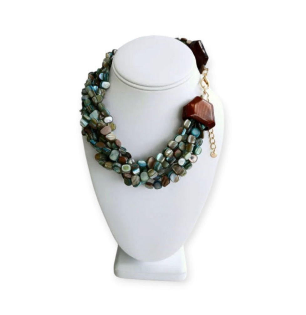 Neutral Chip Multi-Strand Abalone Shell and Pearl Necklace featuring chunky, bold beads handcrafted into a layered statement piece for women. This boho-style necklace combines the iridescent beauty of abalone shells with elegant pearls, creating a unique accessory perfect for adding natural charm and sophistication to any outfit. Lightweight and versatile, it makes a thoughtful handmade gift for her, ideal for everyday wear or special occasions with artisanal craftsmanship.