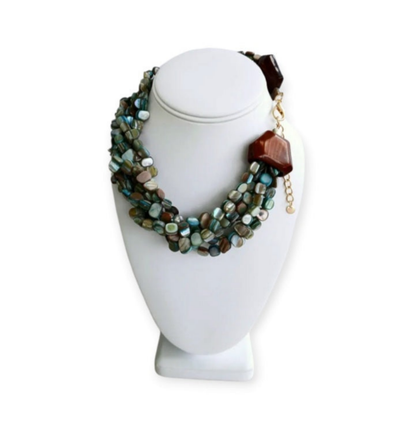 Neutral Chip Multi-Strand Abalone Shell and Pearl Necklace featuring chunky, bold beads handcrafted into a layered statement piece for women. This boho-style necklace combines the iridescent beauty of abalone shells with elegant pearls, creating a unique accessory perfect for adding natural charm and sophistication to any outfit. Lightweight and versatile, it makes a thoughtful handmade gift for her, ideal for everyday wear or special occasions with artisanal craftsmanship.